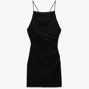 Zara textured draped black mini dress criss cross strappy back ruched medium